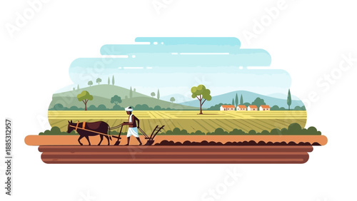 Illustration of an Indian farmer plowing a field with oxen in a rural landscape, with a village and rolling hills in the background, in a colorful and stylized flat design.