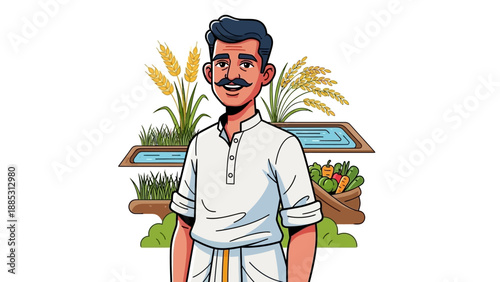 Illustration of an Indian farmer standing proudly in front of agricultural produce with a serene background.