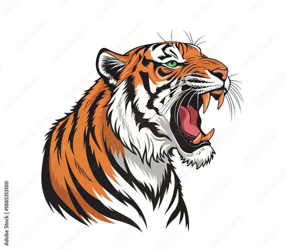 Obraz premium Fierce Tiger Head Illustration with Open Mouth and Bared Teeth, Showing Aggression