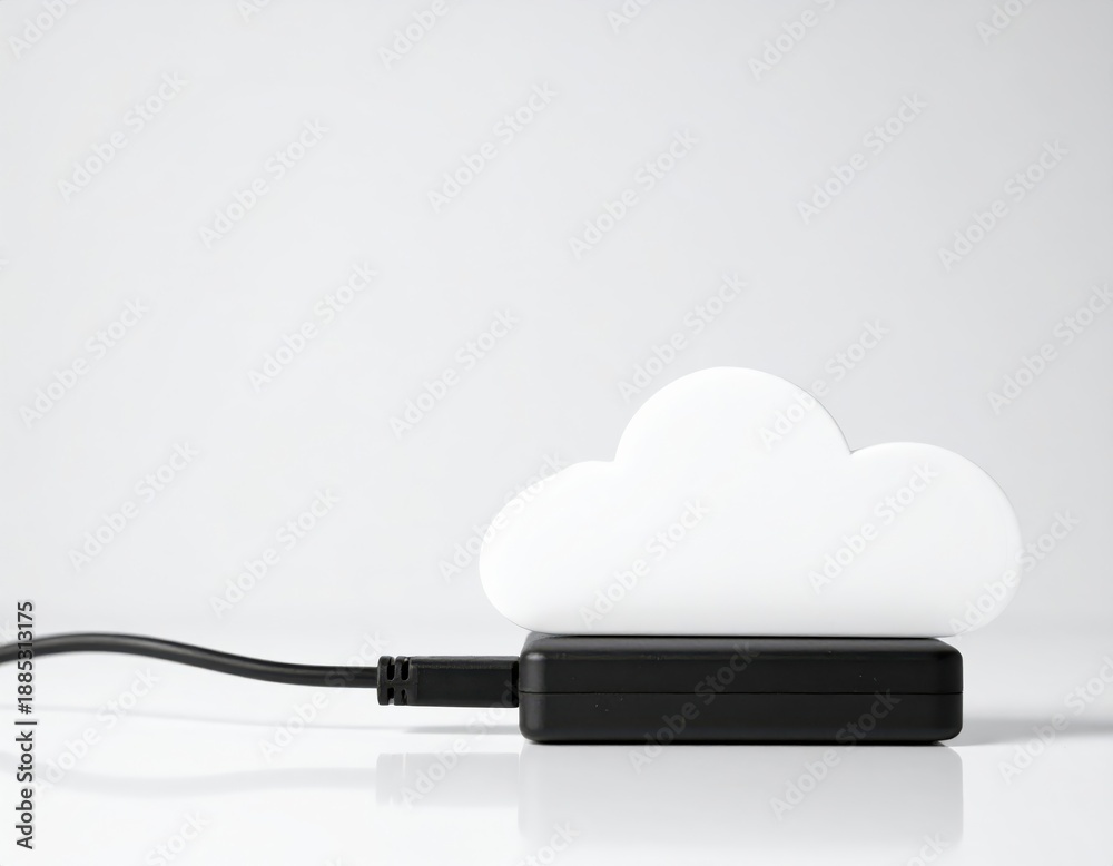 Obraz premium White cloud shape on black device with cable, symbolizing cloud computing and data storage