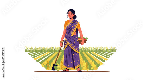 An Indian woman in a purple and yellow sari standing in a field with crops, holding agricultural tools and a basket, vector illustration with a clean white background.