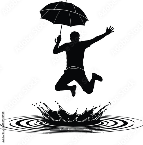 Energy silhouette of a man jumping with an umbrella over a water puddle with dynamic splash ripples and waves