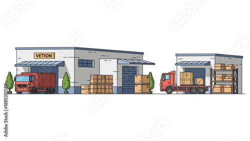 Vector illustration of a warehouse with trucks loading and unloading boxes and pallets, surrounded by trees, with a focus on logistics and transportation in an industrial setting.