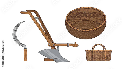 Illustration of Indian farmer tools and baskets for agriculture work, including a sickle, hoe, wicker basket, and handbag on a white background.