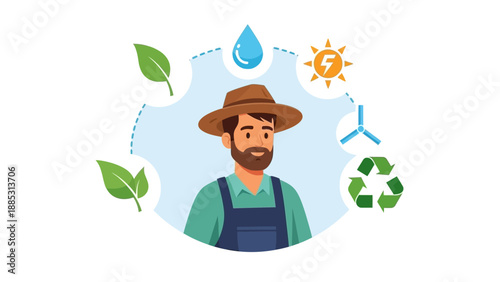 Illustration of an Indian farmer character surrounded by eco-friendly symbols like leaves, water droplet, sun, wind turbine, and recycling icon.