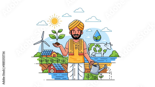 Illustration of an Indian farmer holding a plant and watering can, surrounded by sustainable energy sources and eco-friendly elements in a colorful vector artwork.