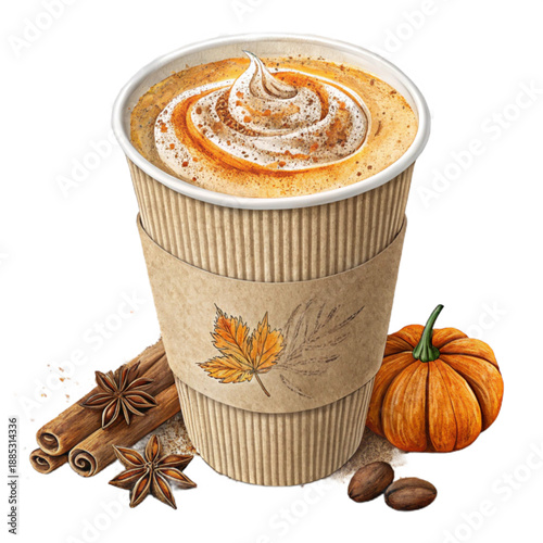 Warm and inviting pumpkin spice latte in a sustainable cup, topped with whipped cream and surrounded by autumnal spices and decorations.