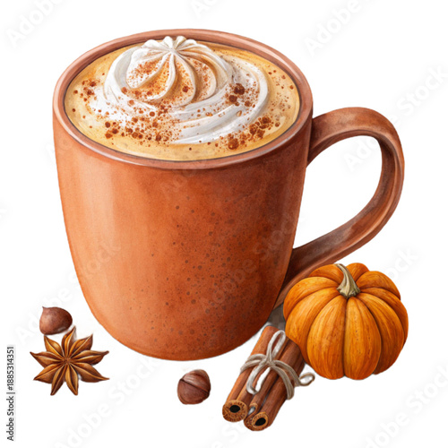 Cozy pumpkin spice latte in a rustic clay mug, topped with whipped cream and spices, evoking a warm and inviting autumnal atmosphere.