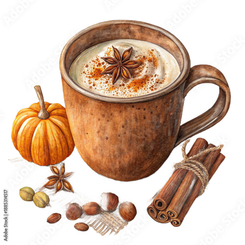 Cozy pumpkin spice latte in a rustic clay mug, evoking a warm and inviting autumnal atmosphere, perfect for seasonal promotions and festive content