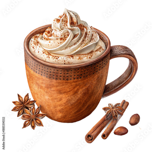 A cozy rustic clay mug filled with a delicious pumpkin spice latte, topped with whipped cream and spices, evoking a sense of autumnal warmth and comfort.