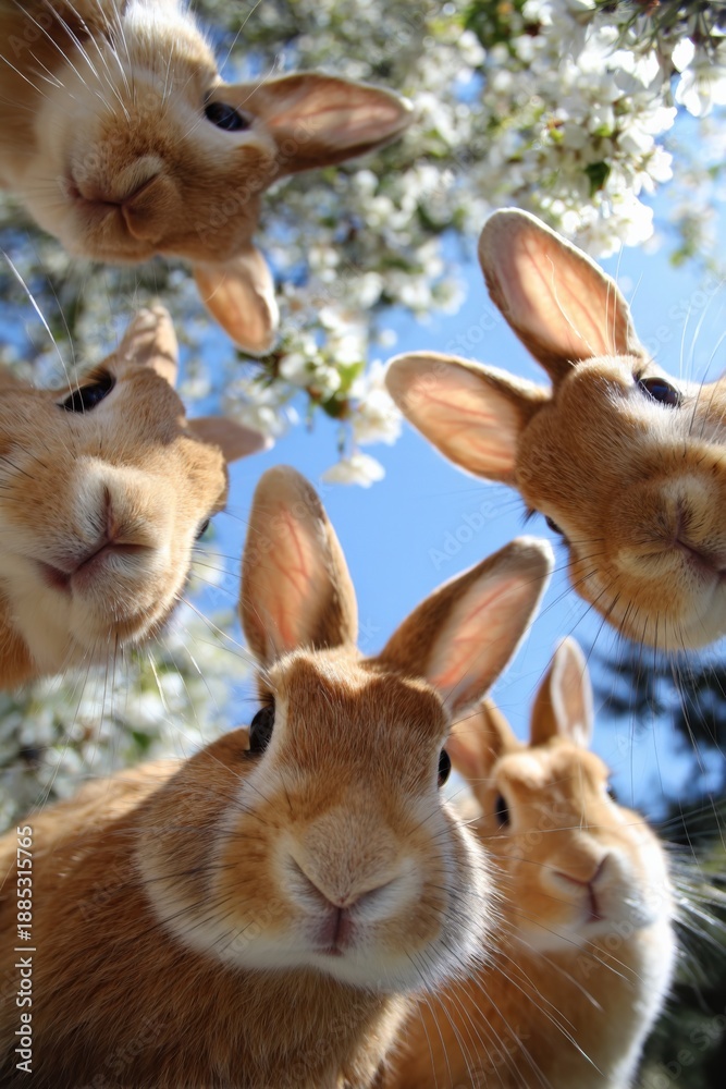 Fototapeta premium Group of curious rabbits under blossoming trees against blue sky