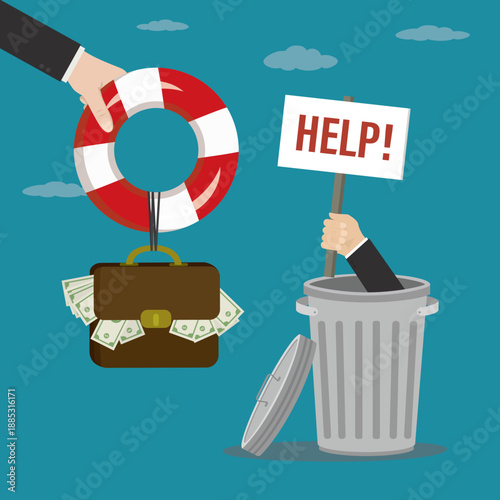 Businessman hand holding a placard with text - HELP from inside trash can. Assistant gives lifebuoy with suitcase of money. Charity donation, financial assistance