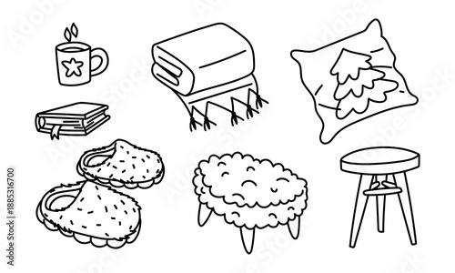 set of cozy home decor doodles with a blanket, pillow, and slippers. Home decor elements for hygge lifestyle posters, textile prints, or graphic design coloring pages.