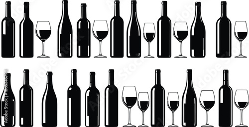 Wine bottle and glass silhouette set, alcohol beverage icons collection, black vector illustration for winery branding, bar menu, restaurant design