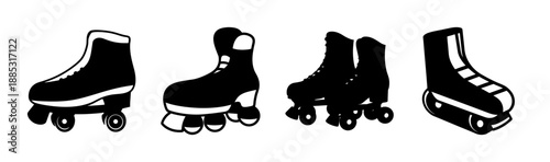 Roller rink floor with various roller skates, vintage skate designs