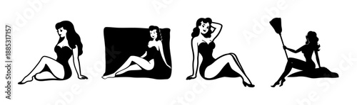 Four retro pin-up girls in swimsuits, vintage style, graphic illustration.
