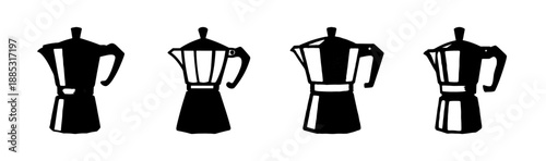 Various retro coffee percolator designs in black and white silhouette.