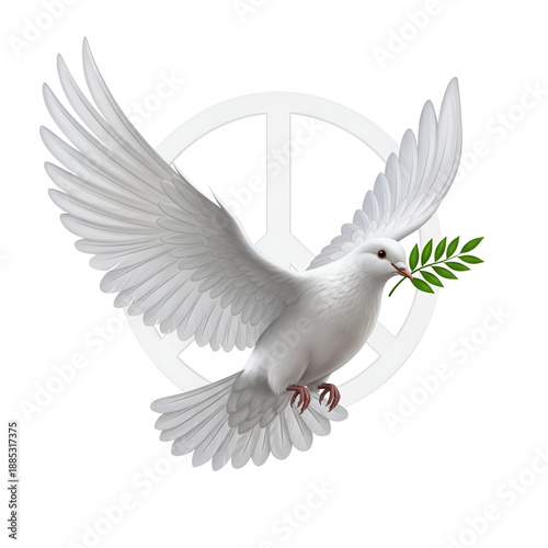 Dove of peace bird in flight holds an olive branch with spread wings against a subtle circular symbol background.