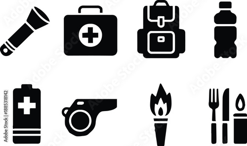 survival icons emergency preparedness kit camping hiking outdoor gear essentials map compass