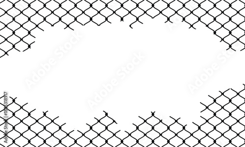 Chain-link fence with jagged hole in center, symbolizing escape or breach. Diamond-patterned metal wires on white background. Conceptual image for security, freedom, or boundaries.