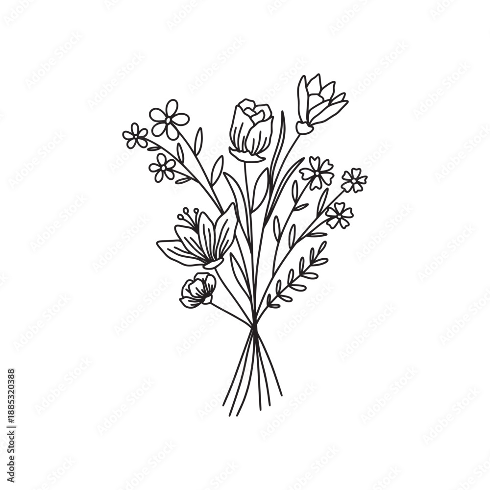 Obraz premium Flower bouquet vector. Hand drawn flower. Wildflower line art bouquets, wild plant, botanical vector illustration 