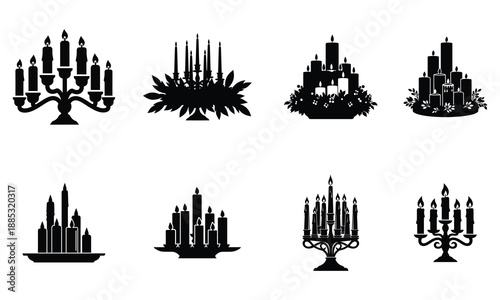 Collection of black candle silhouettes in various holders and candelabras for elegant home decor and lighting