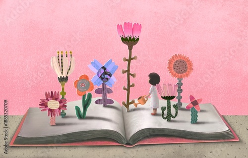 Education learning dream hope inspiration and freedom concept, girl and boy with imagination book. surreal painting. Fantasy art, conceptual artwork, happiness of child , 3d illustration	
