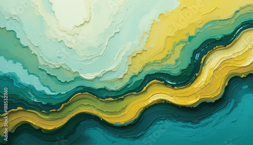 A dynamic abstract artwork featuring sweeping ribbons of orange, yellow, and blue paint with splatters and textures that evoke creativity and energy.