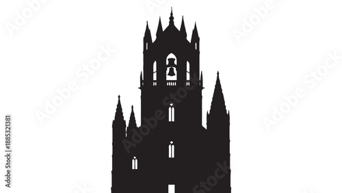 Silhouette of a tall Gothic cathedral featuring spires, arches, and a dramatic medieval architectural presence.
