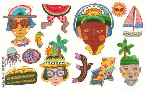 Summer, sea and beach concept. watercolor vector illustration.	