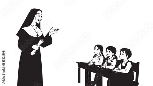 Monochrome scene of a nun teaching a group of children in a classroom setting.