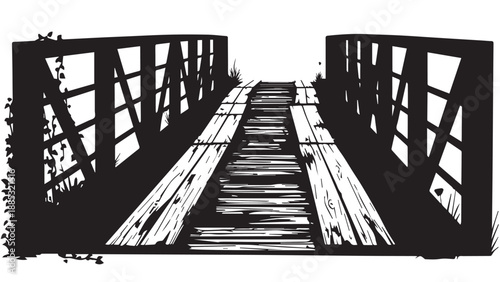 Silhouette of a weathered wooden pedestrian bridge stretching into the distance across a quiet landscape.