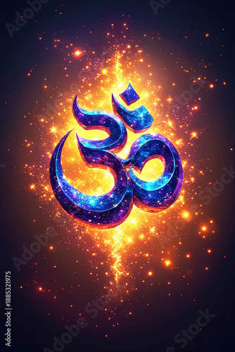 Glowing Cosmic Om Symbol with Galaxy Texture and Golden Energy Particles on Dark Background, Spiritual Meditation and Yoga Concept Illustration