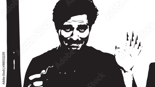 Monochrome portrait of a smiling man in a bold illustration style with strong contrast.