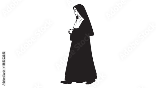 Silhouette of a nun in traditional habit holding a rosary in a calm, contemplative pose.