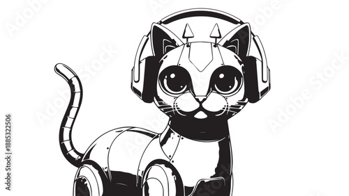 Playful monochrome robotic cat mascot illustration inspired by futuristic design.