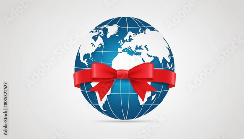 Flat vector icon of a globe wrapped with a red ribbon