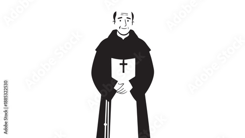 Cartoon Monk Portrait in Traditional Robe with Staff, Minimal Monastic Illustration.