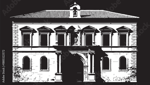 Historic stone villa with arched windows and grand staircase facade.