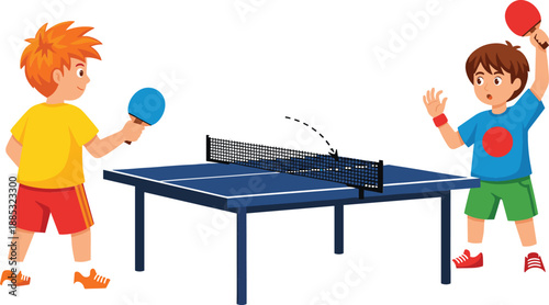 Professional sports vector illustration featuring two boys playing table tennis with blue and red paddles on a table.