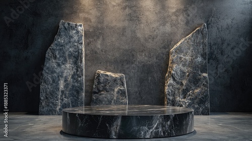 Elegant Black Marble Display with Natural Stone Edges