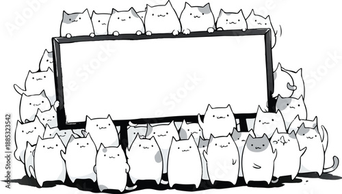 Cats Surrounding the Display: A charming group of cute cat characters surround a blank display, their eyes are fixated, ready for a new announcement.