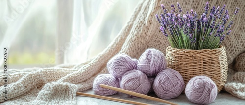 Cozy Scene with Lavender, Yarn, and Knitting Needles