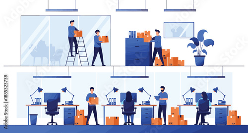Modern logistics warehouse office illustration with employees managing boxes and shipping operations in a professional corporate workplace environment