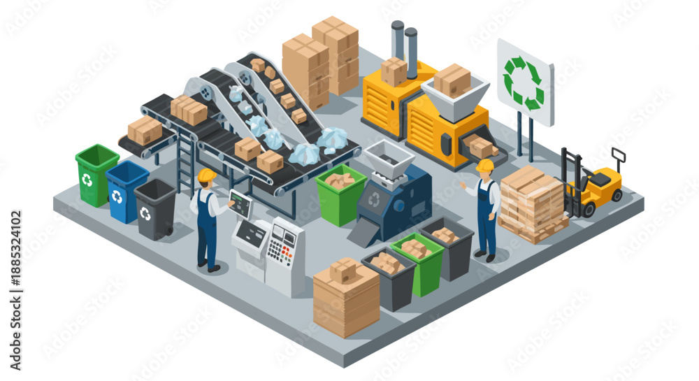 Obraz premium Modern Recycling Plant Conveyor Belt System Isometric Vector Illustration with Workers and Machinery