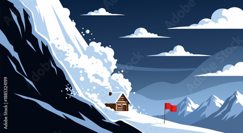 Vector illustration of a snow avalanche crashing down on a mountain cabin, danger, winter landscape