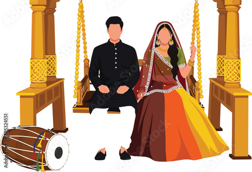 Professional vector illustration of a faceless North Indian wedding couple on a swing with traditional golden pillars.