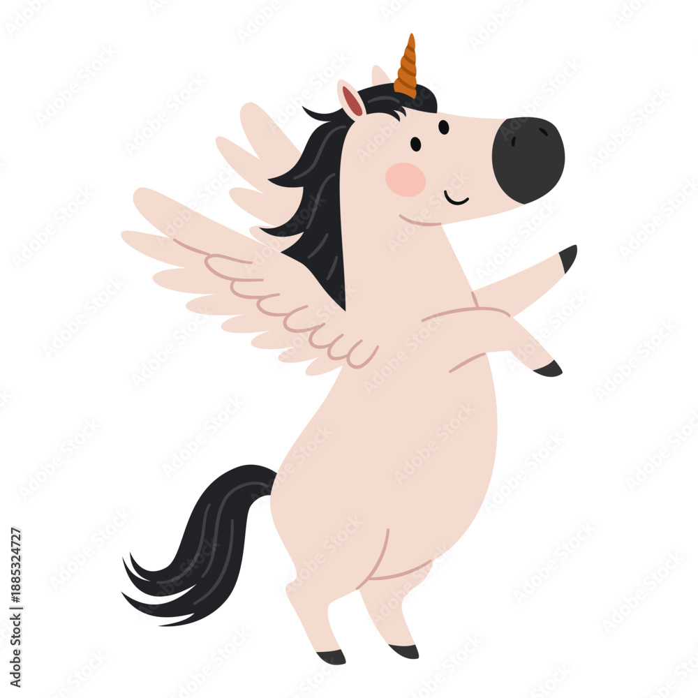 Fototapeta premium A cute pegasus unicorn standing on two legs. A flat vector illustration in a simple children's style. . Vector illustration