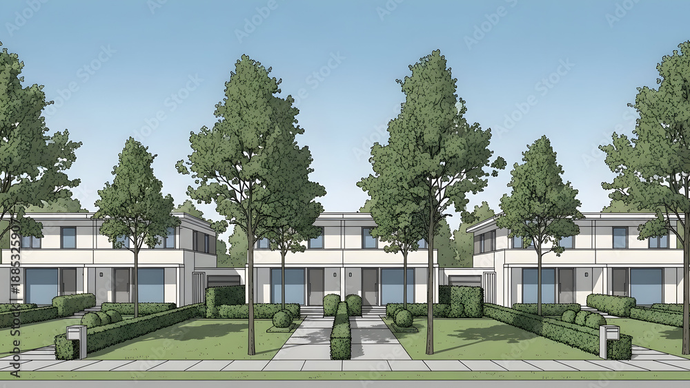 Obraz premium Modern Residential Townhouses Architectural Illustration Green Lawns and Blue Sky Neighborhood