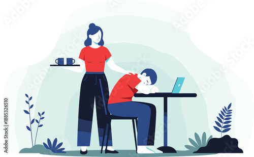 Woman bringing coffee to tired man sleeping at desk with laptop for workplace burnout and support concept